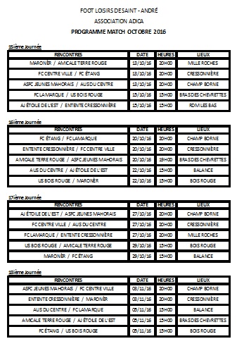 Programme match octobre 2016